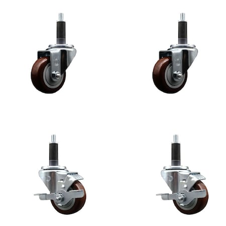 Service Caster 3'' Maroon Poly Wheel Swivel 1'' Expanding Stem Caster Set 2 Brakes, 4PK SCC-EX20S314-PPUB-MRN-2-TLB-2-1